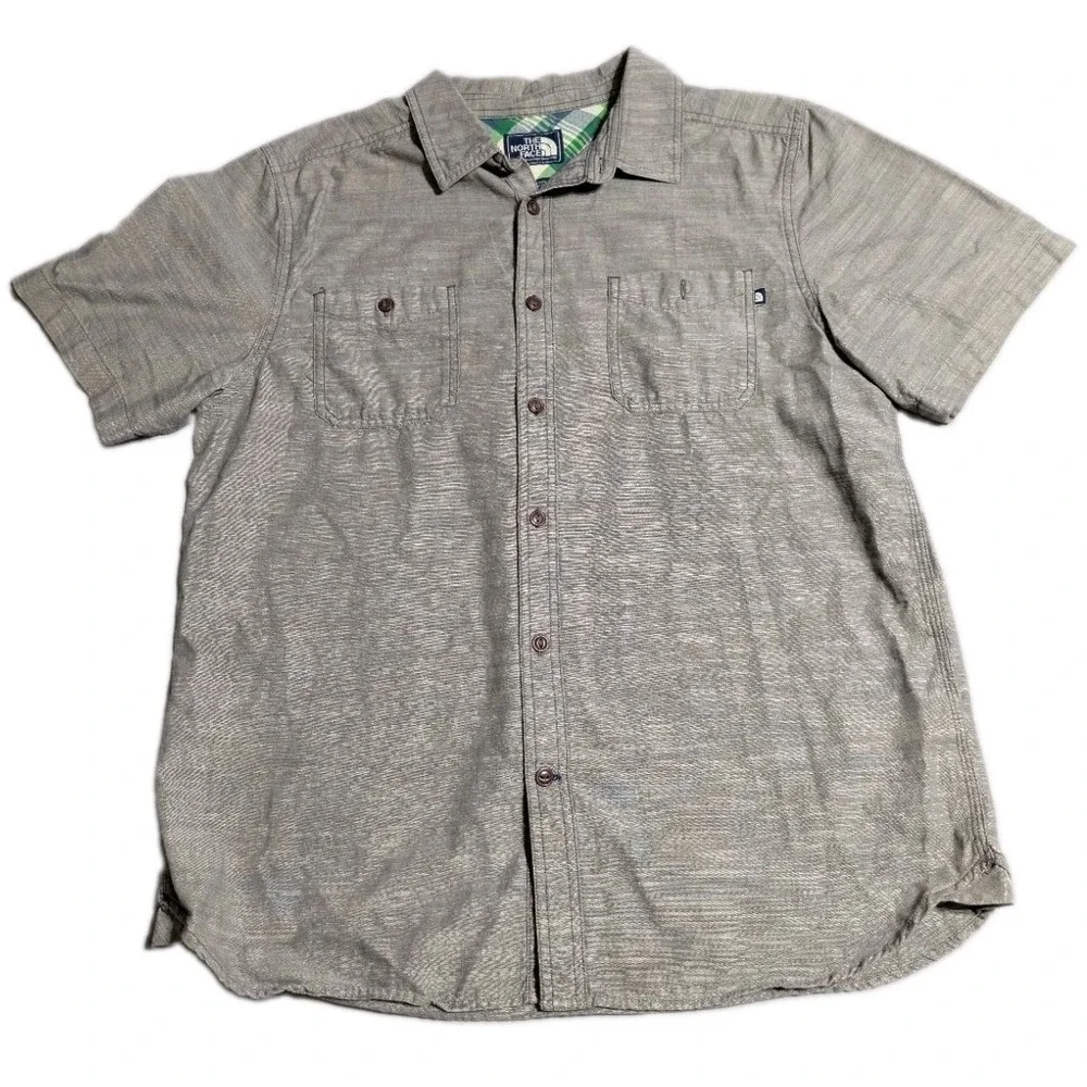 The North Face Heritage Shirt Mens L Gray Chambray Cotton Button Up Short Sleeve